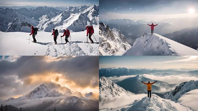 雪山 登山励志 日照金山 下雪 团队协作