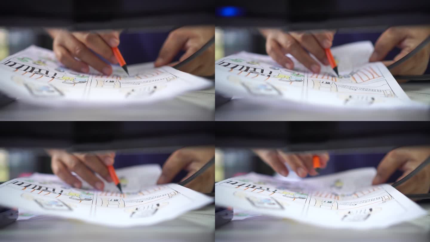 视频前期制作电影分镜概念:手绘分镜动画漫画纸箱，在工作室设计创意场景布局。制作影片拍摄前的幕后工作，