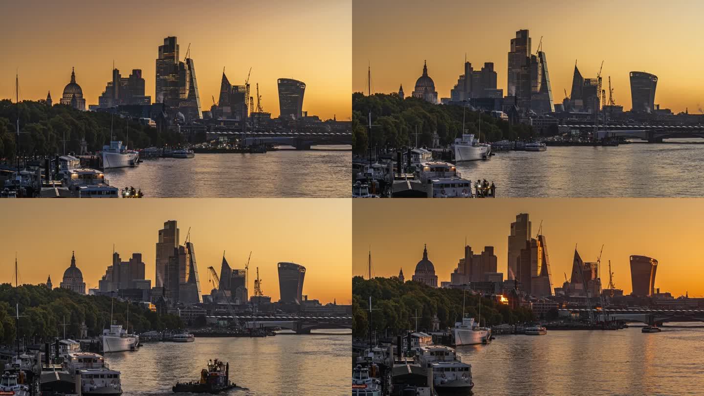 英国，英格兰，伦敦高街，日出时金融玻璃办公楼河岸与伦敦碎片桥区域的时间变化