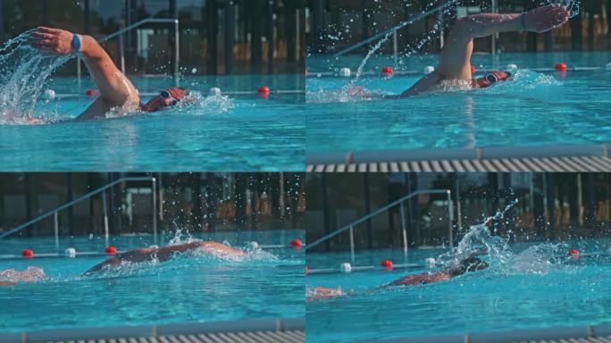 超级SLO MO -时间扭曲效果/速度斜坡熟练游泳者完善自由泳技术在度假村游泳池
