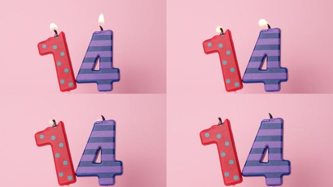 十四年纪念视频横幅燃烧的斑点红色和条纹紫色蜡烛。淡粉色背景上的14号蜡烛。4K分辨率生日快乐横幅