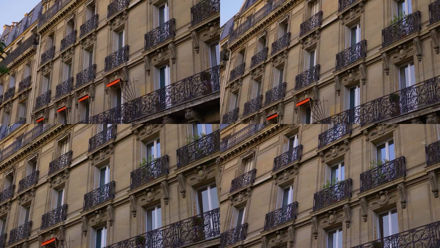 传统的巴黎建筑立面与锻铁阳台