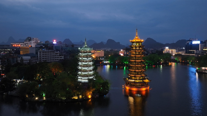 桂林日月双塔文化公园夜景航拍 4k