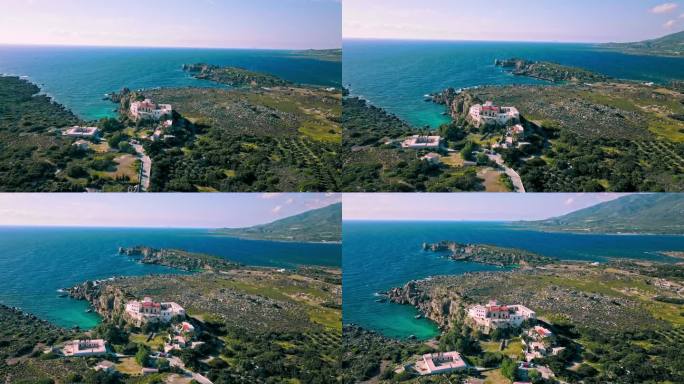 希腊克里特岛悬崖上的希腊房屋鸟瞰图。