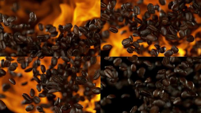 超级慢动作飞行咖啡豆在黑色的背景。