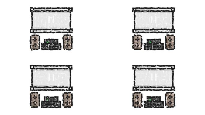 动画像素图标。带扬声器和投影仪屏幕的家庭影院。高档家庭影院设备。简单的复古游戏循环视频孤立的白色背景