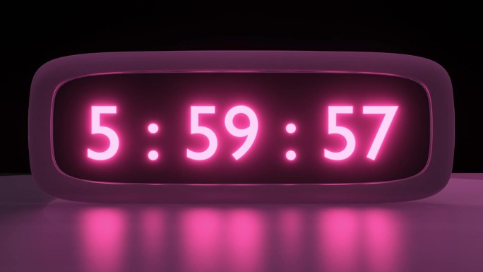 带粉红色表盘的数字闹钟，早上6点起床。时钟屏幕上的数字从5:55到6:00不等。近景。数字红色闹钟计