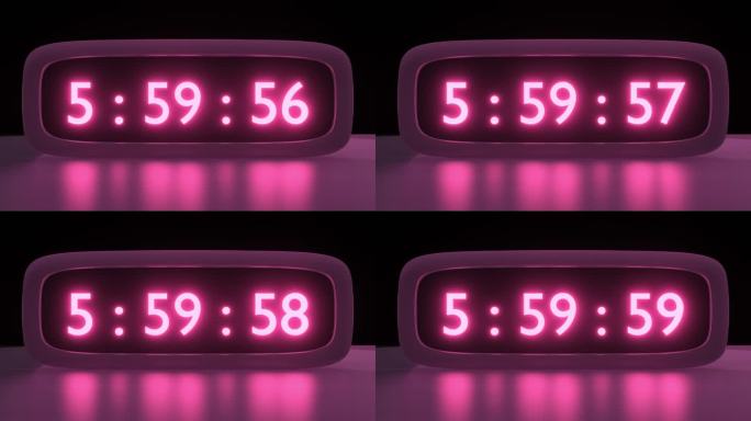 带粉红色表盘的数字闹钟，早上6点起床。时钟屏幕上的数字从5:55到6:00不等。近景。数字红色闹钟计