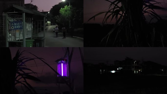 晚霞村庄轮廓诱虫紫色灯田间夜幕降临夜色