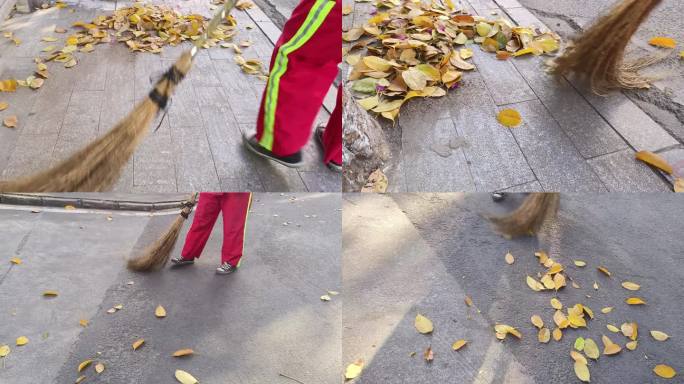 秋天落叶打扫落叶秋日黄叶环卫工人扫落叶