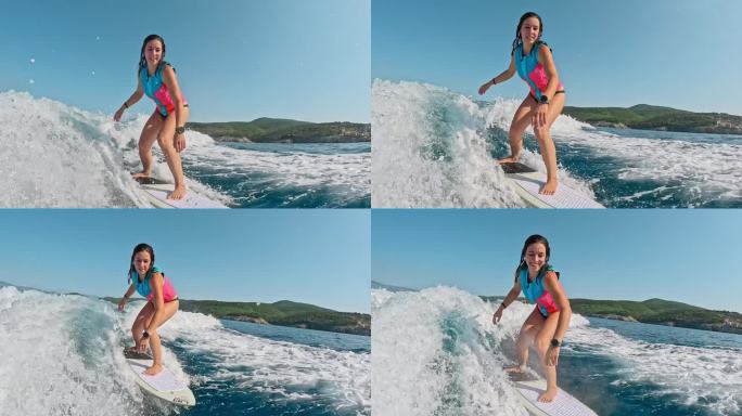 SLO MO快乐女子冲浪滑水板，在晴空下体验大海的快乐