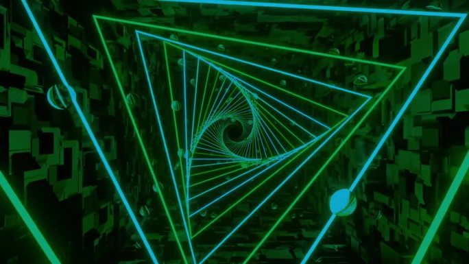 环形3d动画，VFX紫色三角形隧道与多边形框架，抽象循环背景。技术，VJ概念。Led灯。明亮的未来隧
