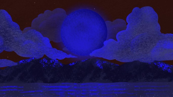 手绘漫画海上蓝色月亮背景