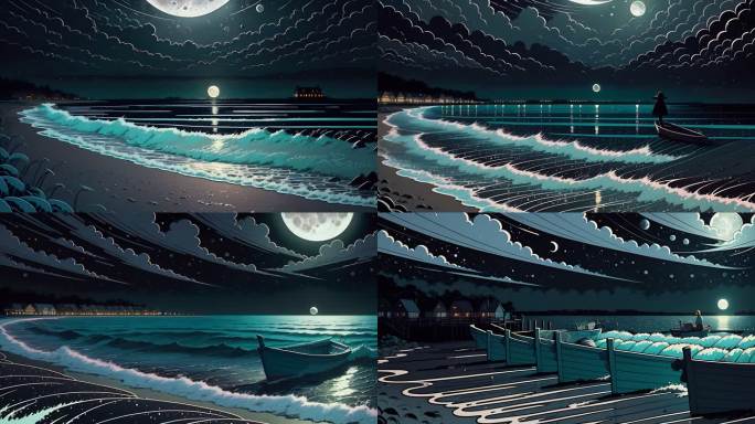 AI演绎圆月下的大海