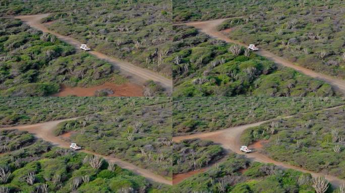 在干旱干燥的热带景观中，平板车在土路上行驶，在十字路口转弯