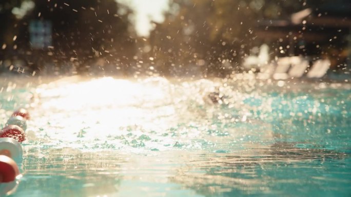 SLO MO专门的男子游泳运动员在水晶清澈的度假村游泳池完善游泳技术
