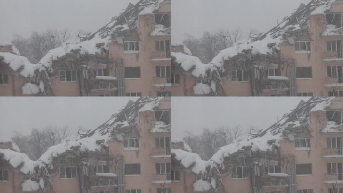 被毁的大楼，冬天的一天，第一场雪
