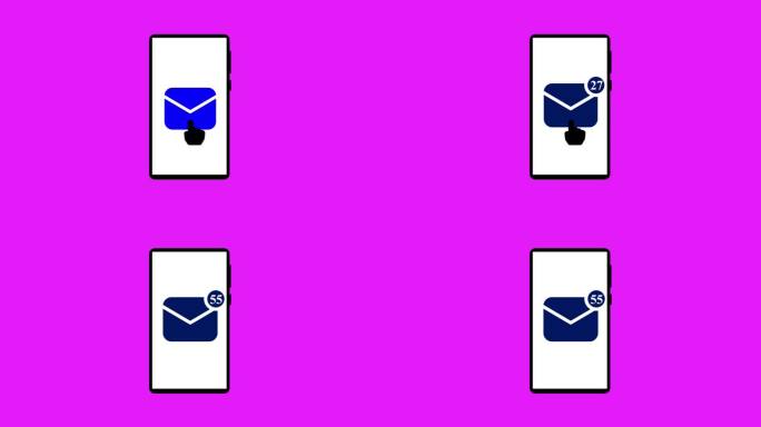 智能手机与电子邮件通知图标在屏幕上动画的紫色背景。