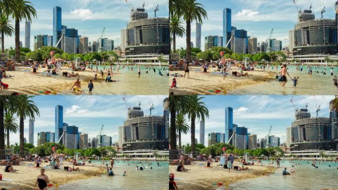在澳大利亚昆士兰州布里斯班南岸的夏日周末，人们在阳光下的街道沙滩上放松和游泳