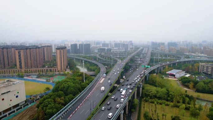 杭州上城区石德立交桥高架桥车流风景视频素