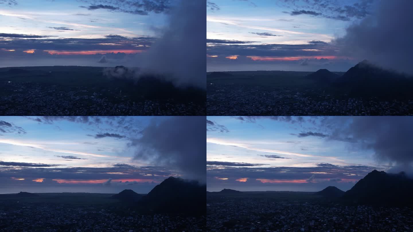 航拍，毛里求斯天空，云层山峰城市日出夕阳
