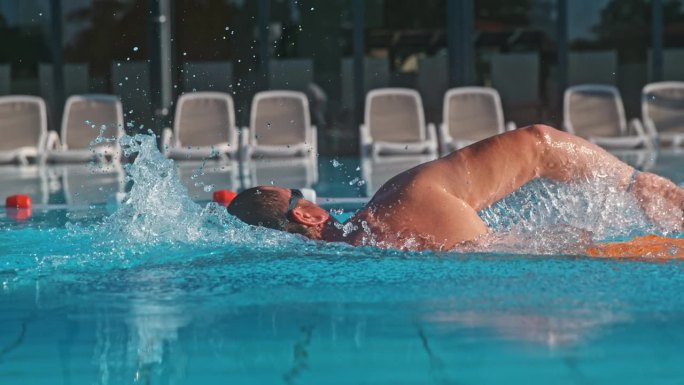 超级SLO MO熟练的男子游泳运动员练习自由泳在阳光健康俱乐部游泳池