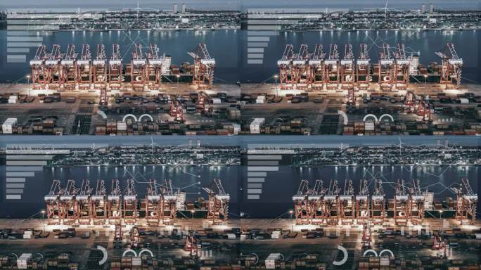 航拍的工业港口集装箱船在夜间/发光数据线的概念