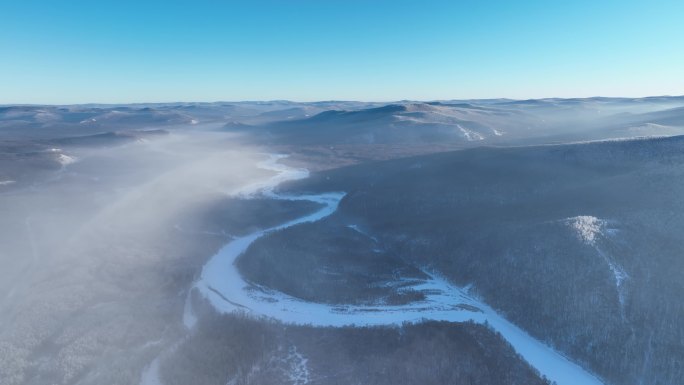 航拍寒冬林海雪原冻雾冰河