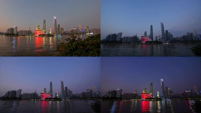 城市高楼 日转夜延时 珠江 河流