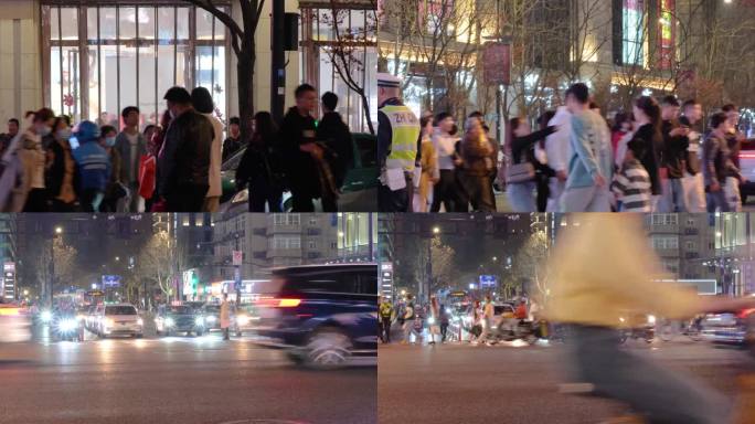 夜晚城市行人过马路人流脚步夜景人文视频素