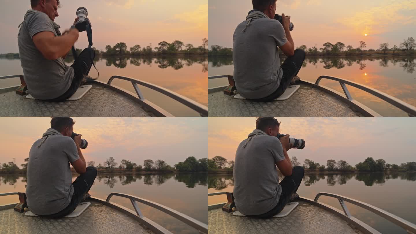 爱冒险的人在卡富埃河上的船上拍照。风景摄影师
