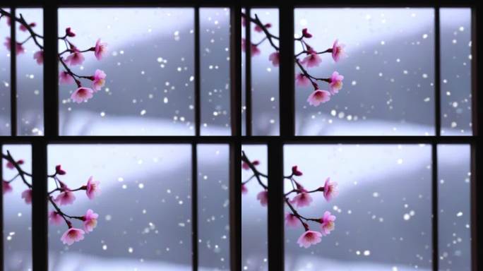 窗外雪景 下雪  空镜 雪中梅花盛开桃花