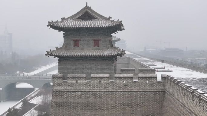 大同古城墙冬季雪景航拍