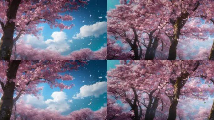 8K宽屏樱花蓝天白云卡通氛围背景板3
