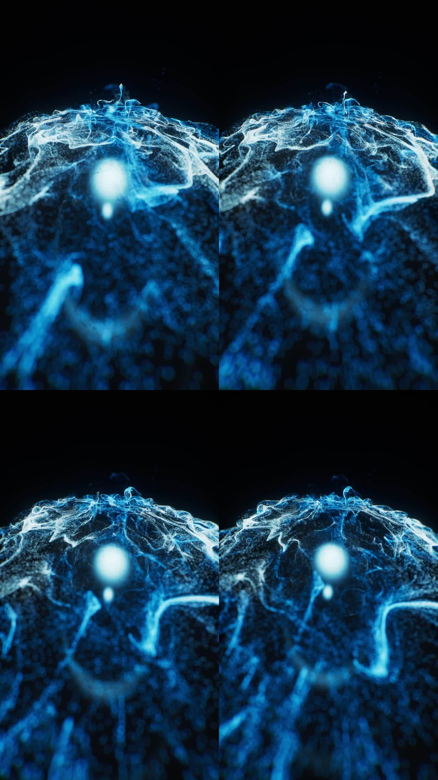 流动溶解的蓝色粒子与光芒3D渲染