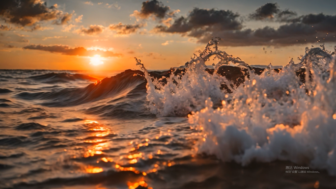 海浪浪花慢镜头日出海浪大海海浪夕阳湖面