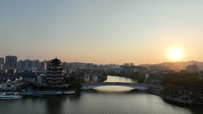 惠州合江楼航拍夕阳下的东江古城区旅游景点