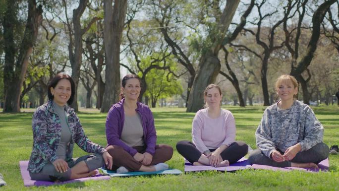 一群快乐的女性在户外瑜伽练习时对着相机摆姿势
