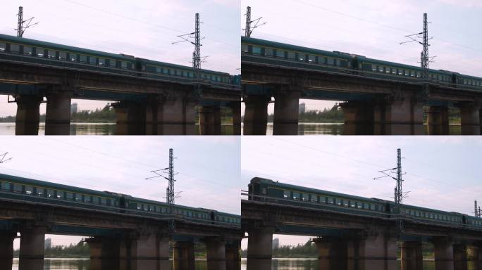 铁路客运绿皮火车过桥