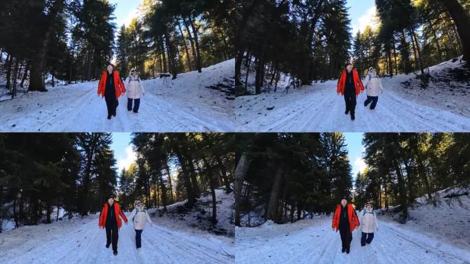 一对成年夫妇在冬天的雪山森林里散步。