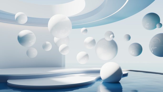 建筑空间水面与飘浮的球体3D渲染