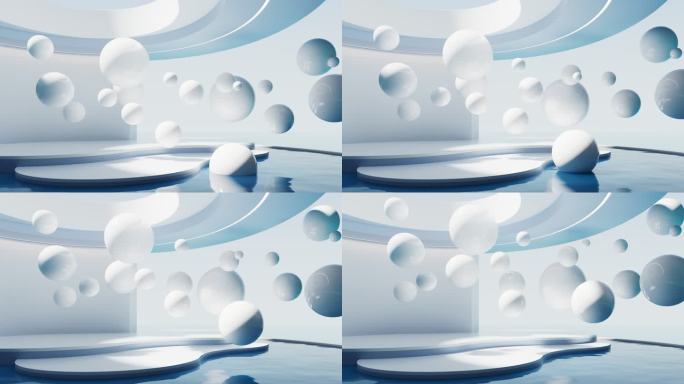 建筑空间水面与飘浮的球体3D渲染