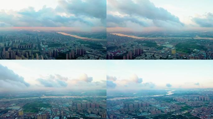 清晨城市江面高空拍摄