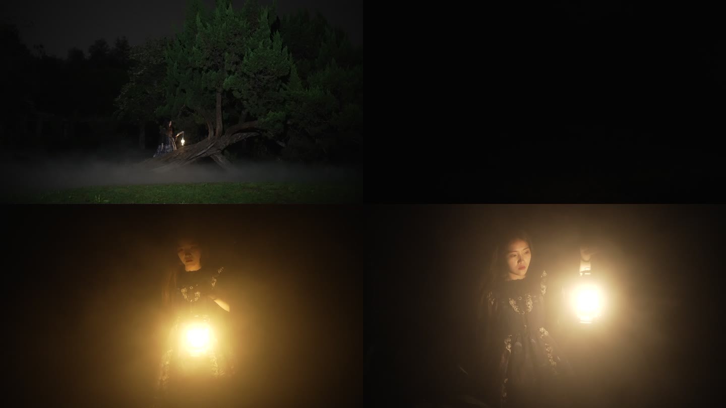 洛丽塔女生在黑夜提着油灯探索阴森迷雾森林