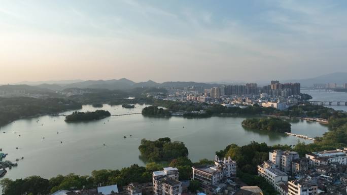 惠州西湖风景区航拍夕阳唯美日落湖泊风景