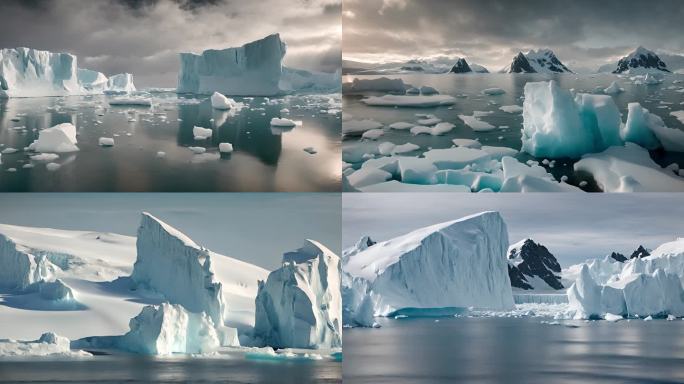 南极北极冰川冰山冰雪海面大海自然风景