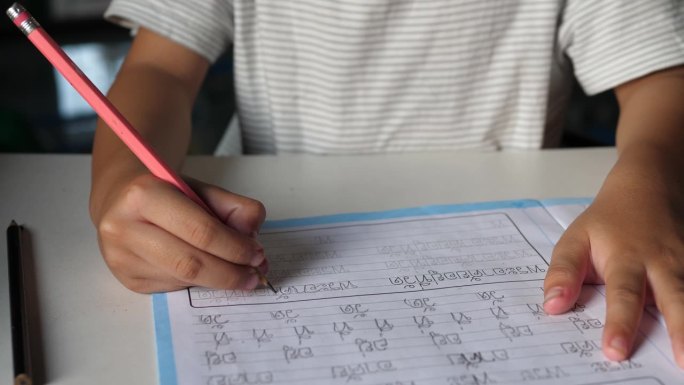图为小学生在练习本上写字。亚洲男孩在家做作业，坐在书桌前。教育理念，学习，家校。