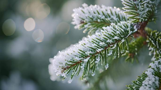 唯美冬天森林雪花植物升格特写