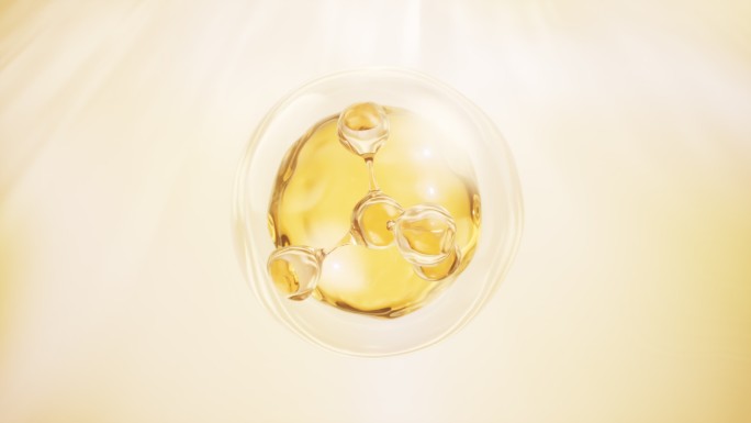 透明分子与金色液滴护肤品动画3D渲染