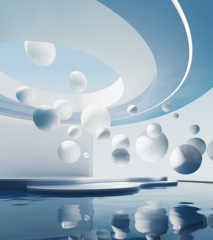 水面与飘浮的球体建筑空间动画3D渲染